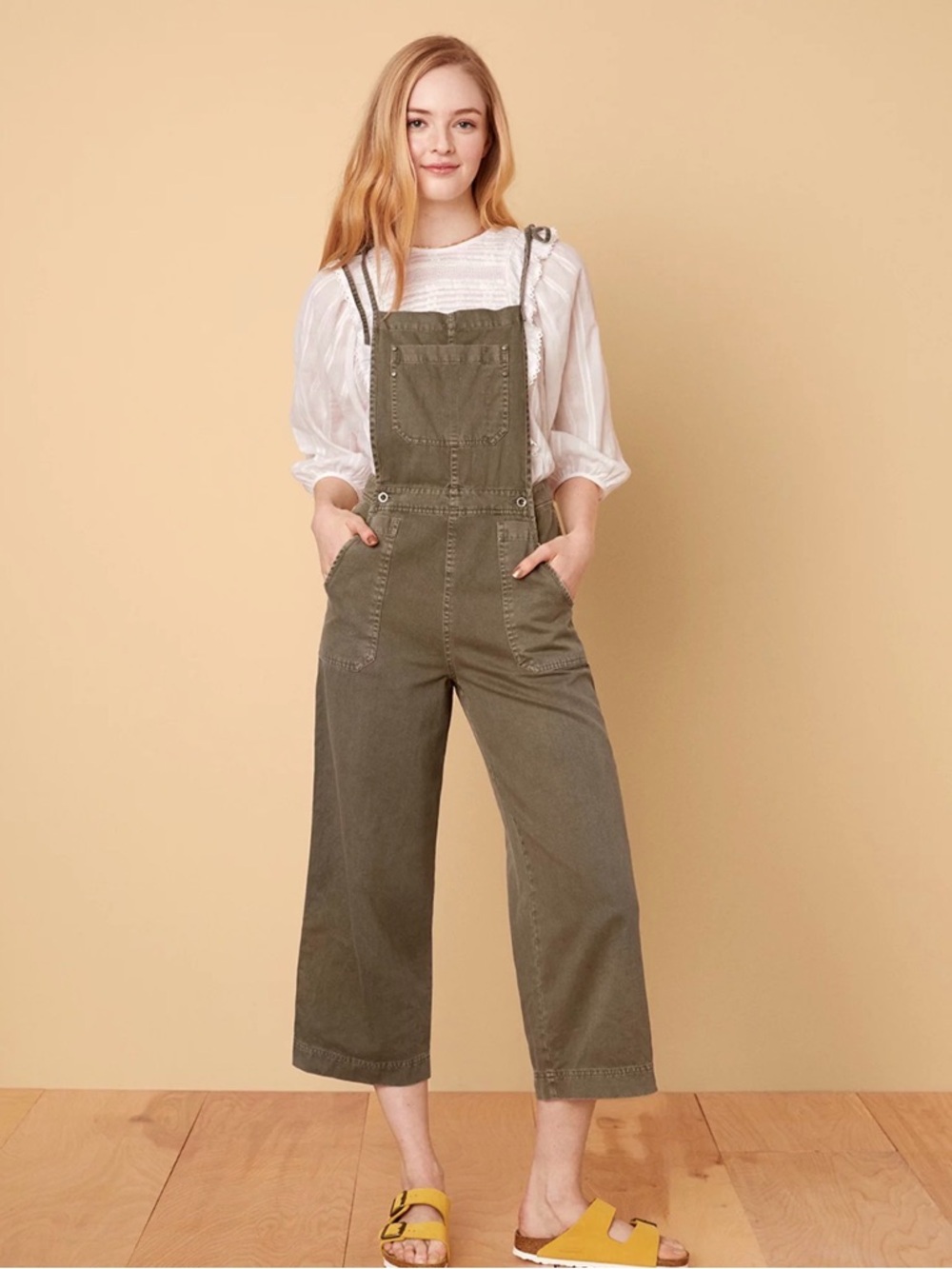 AE Studio Olive Green Wide Leg Cropped Overalls Size S 100% Cotton